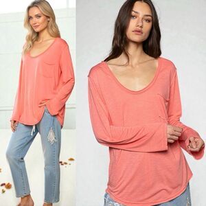 POL Coral Chest Pocket Long Sleeve T-Shirt Medium NEW